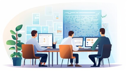 People sitting in front of the computer and write computer code illustration