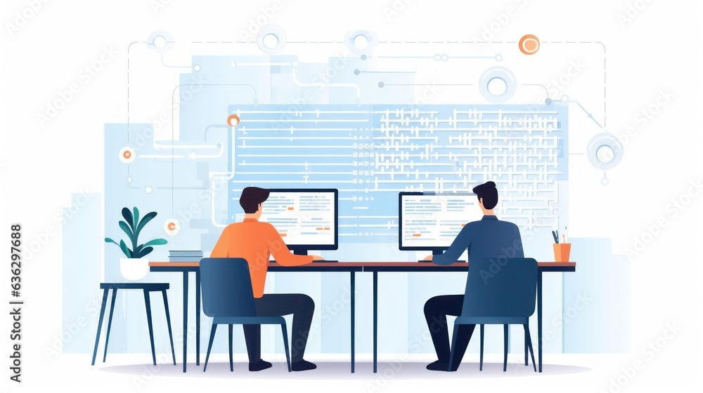 Wall mural people sitting in front of the computer and write computer code illustration