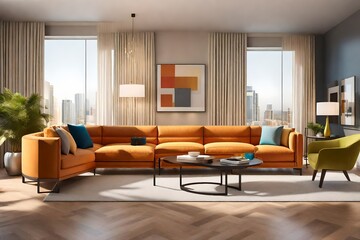 modern living room with fireplace, rendering of a full furnished living room