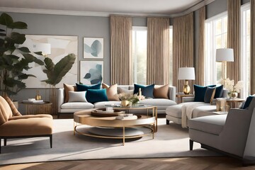 modern living room with fireplace, rendering of a full furnished living room