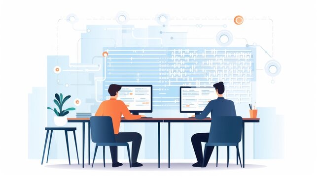 People sitting in front of the computer and write computer code illustration