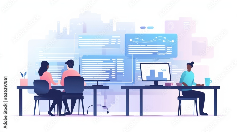 Wall mural people sitting in front of the computer and write computer code illustration