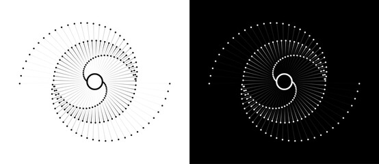 Abstract background with lines and dots in circle. Creative spiral as logo or icon. Black lines on a white background and white lines on the black side.