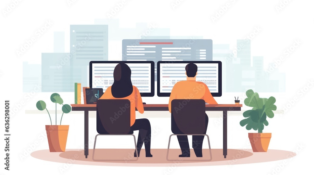 Wall mural people sitting in front of the computer and write computer code illustration
