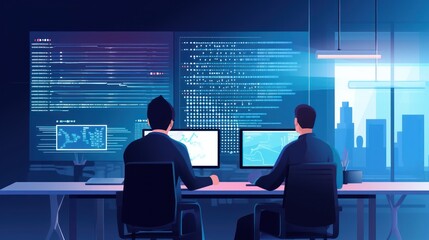 People sitting in front of the computer and write computer code illustration