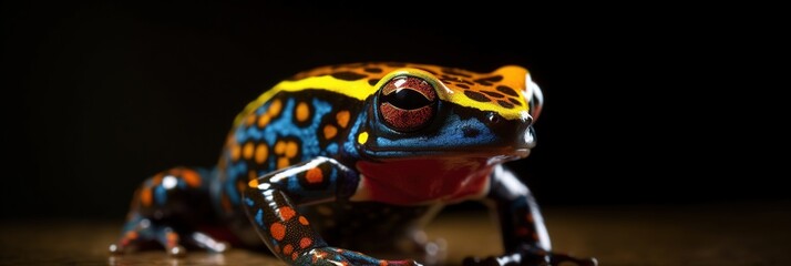 close up of a red and yellow dart frog with black dots