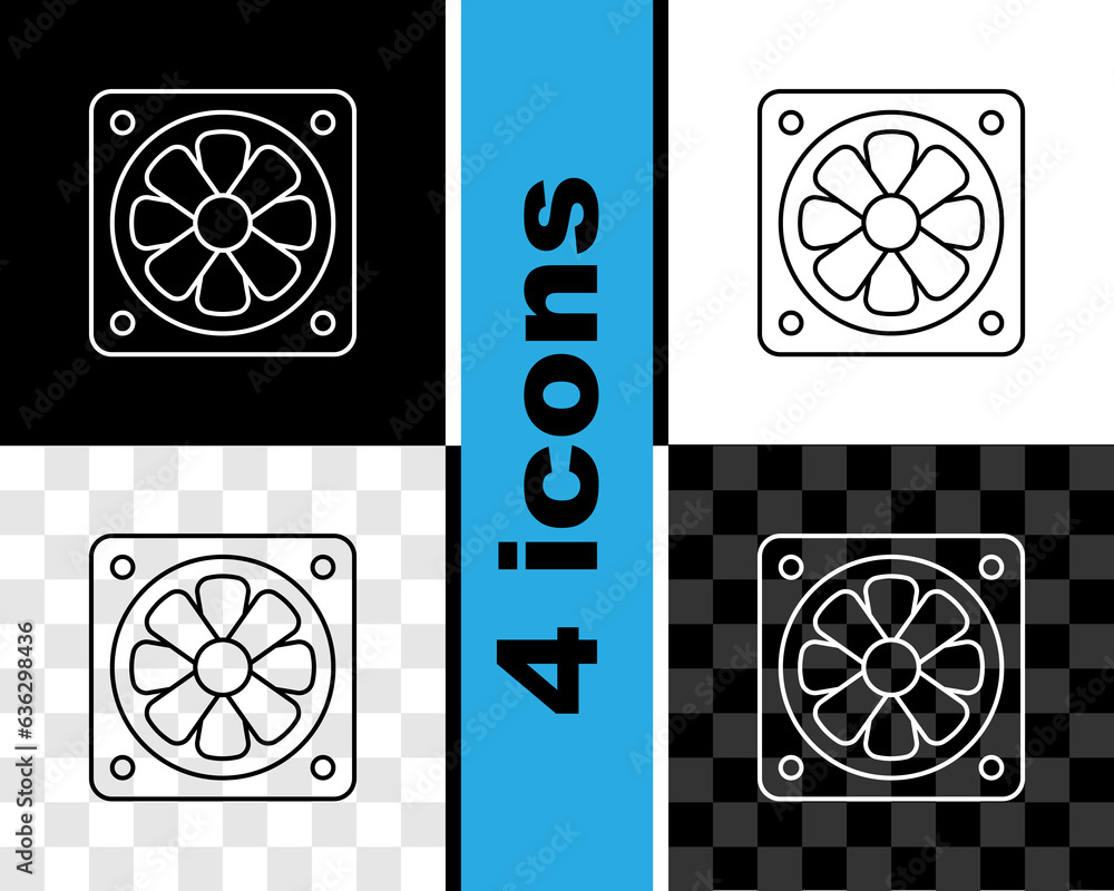 Poster set line computer cooler icon isolated on black and white, transparent background. pc hardware fan. 