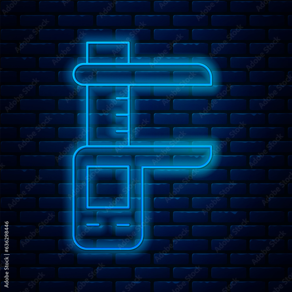 Poster glowing neon line calliper or caliper and scale icon isolated on brick wall background. precision me