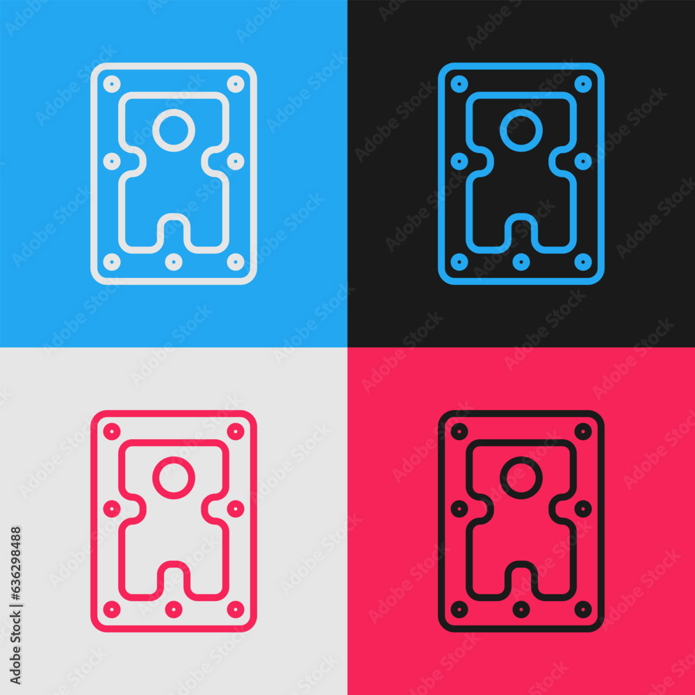 Poster pop art line hard disk drive hdd icon isolated on color background. vector