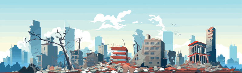 destroyed city demolished buildings vector flat isolated illustration - obrazy, fototapety, plakaty