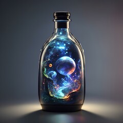A bottle containing planets and stars floating in space