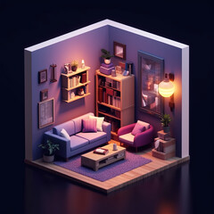 Tiny Cute Pink isometric living room in a cutaway box, Soft smooth lighting Bedroom, Soft colors, Purple and blue color scheme, soft colors, Night and Day Room Designs 3D