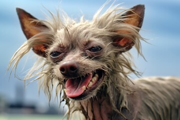 ugly angry dog with a bad hair day - obrazy, fototapety, plakaty