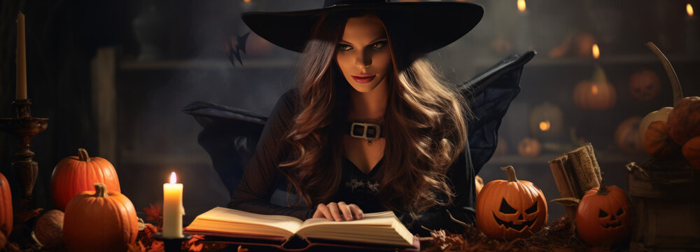 Halloween Witch girl with magic Book of spells portrait. Beautiful young woman in witches hat conjuring. Over spooky dark magic forest background. Wide Halloween party art design. Generative AI.