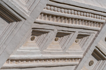 Yaroslavl, Russia, July 4, 2023. Architectural stucco details of the wall of an ancient temple.