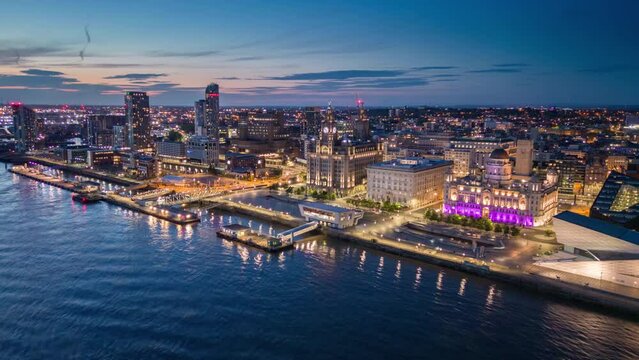 Liverpool City Skyline. Aerial Hyperlapse at Night.