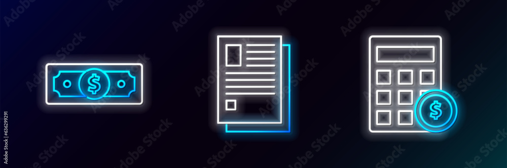 Poster set line calculator with dollar symbol, stacks paper money cash and file document icon. glowing neon