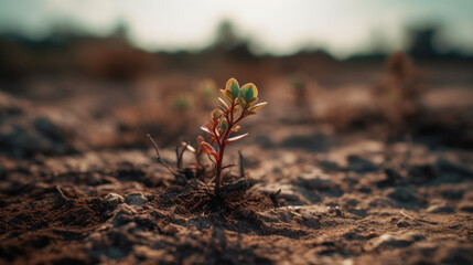 struggling plant trying to sprout amidst the dry and parched earth, symbolizing the resilience of life in adverse weather conditions.