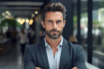 Portrait of handsome mature businessman in elegant formalwear standing with crossed arms and looking at the camera in office building.