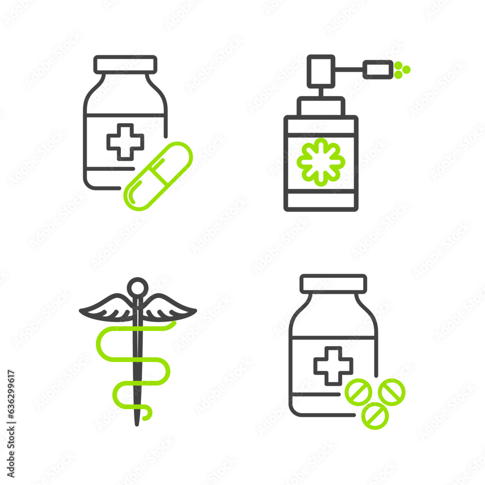 Sticker Set line Medicine bottle and pills, Caduceus snake medical symbol, Medical with nozzle spray and icon. Vector