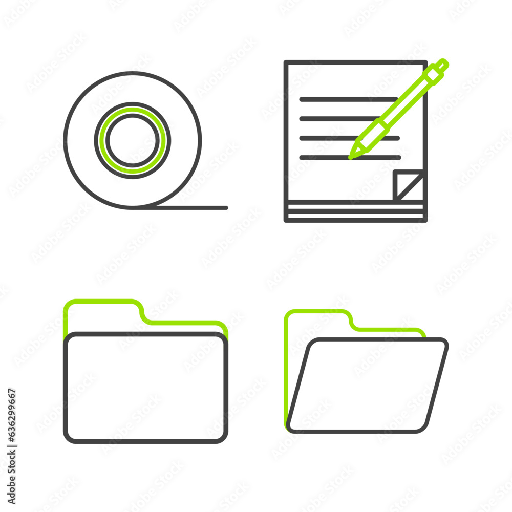 Wall mural Set line Document folder, Blank notebook and pen and Scotch icon. Vector