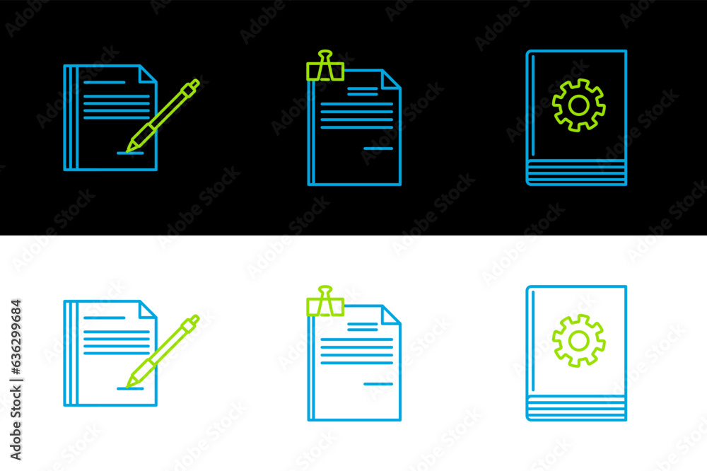 Poster set line user manual, blank notebook and pen and file document binder clip icon. vector