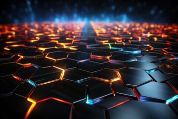 Obraz premium A computer keyboard with glowing hexagons on it. Digital image.