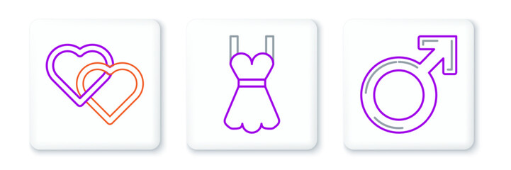 Set line Male gender symbol, Two Linked Hearts and Woman dress icon. Vector
