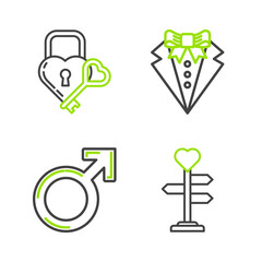 Set line Signpost with heart, Male gender symbol, Suit and Castle in the shape of and key icon. Vector