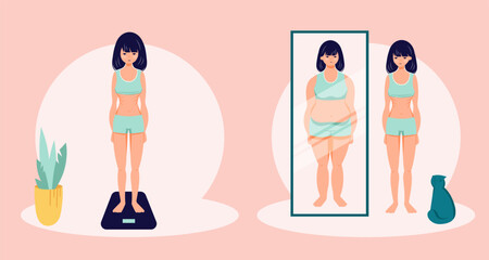Eating disorder concept anorexia bulimia problem flat person illustration - obrazy, fototapety, plakaty