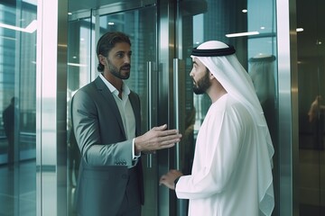 Caucasian businessman talking with Arab investment partner in modern office building. International corporate associate meeting. - Powered by Adobe