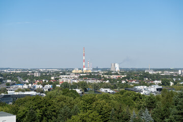 Krakow panorama from Krakus Mound, Kopiec Kraka, Krakusa or Krak Mound in Kraków, Poland. Scenic landscape of Cracow city, with the view of heat power station in Łęg. - obrazy, fototapety, plakaty