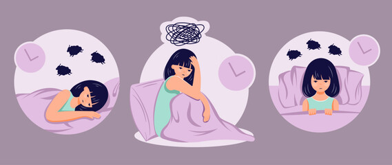 Sleep disorder concepr female person suffer from insomnia flat ilustration