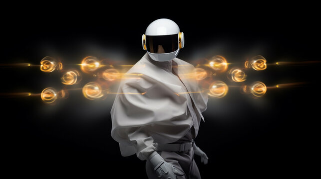 person in a mask A man white robot wrapped with glowing fabric oran