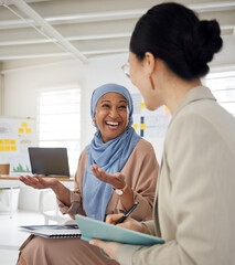 Collaboration, smile and a muslim business woman in the office with a colleague for planning in a...