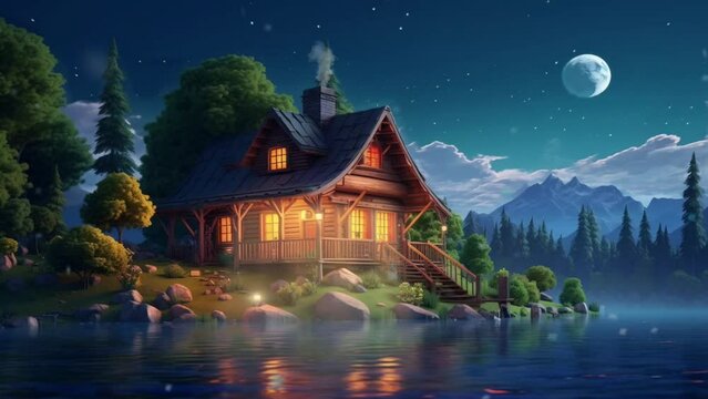 Peaceful fantasy nature landscape background with Traditional house on a beautiful lake with calm waters and night clear sky animation background