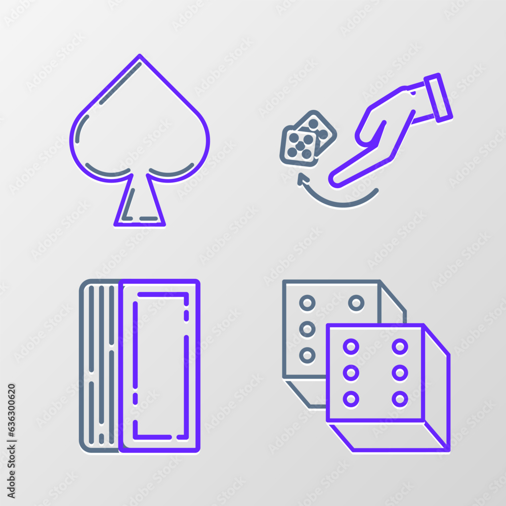Poster set line game dice, deck of playing cards, human hand throwing game and playing with spades symbol i