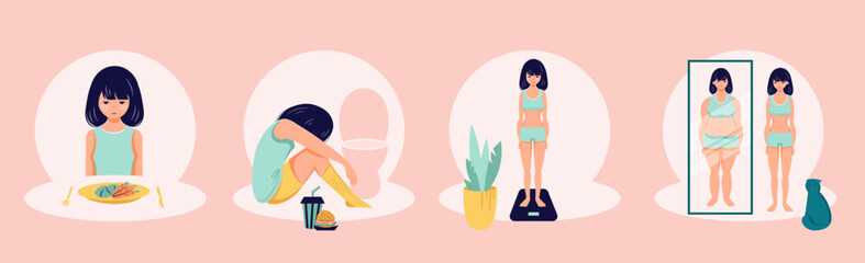 Eating disorder concept anorexia bulimia problem flat person illustration - obrazy, fototapety, plakaty