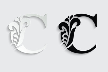 Fototapeta premium letter C. Black flower alphabet. Beautiful capital letters with shadow 