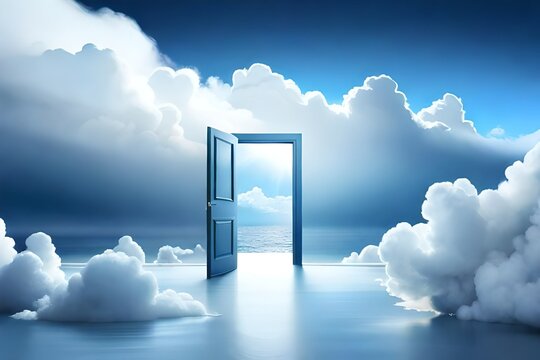 3d render, white fluffy clouds going through, flying out, open door, objects isolated on blue background. Door to haven abstract metaphor, modern minimal concept. Surreal dream scene