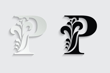 letter P. Black flower alphabet. Beautiful capital letters with shadow	
