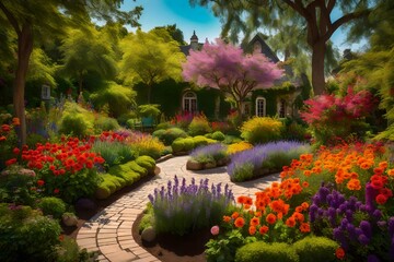 Obraz premium fountain in the garden, gazebo in the garden, Beautiful ornamental garden