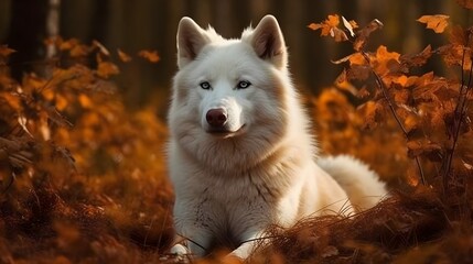Obraz premium Close up of white Siberian Husky dog sit, relax and pose in the bush, looking at something, nature background. Generative AI.