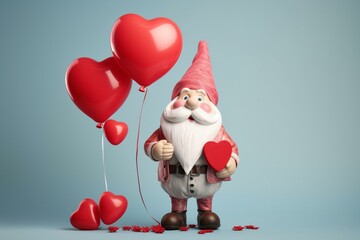 Valentine's day gnome holding heart-shaped balloons, bringing festive cheer and love. Generative AI