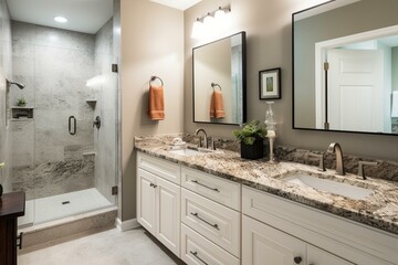 Renovated white bathroom with brown granite, black hardware, custom shower. Generative AI