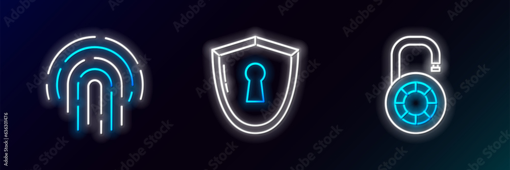 Poster set line safe combination lock wheel, fingerprint and shield with keyhole icon. glowing neon. vector
