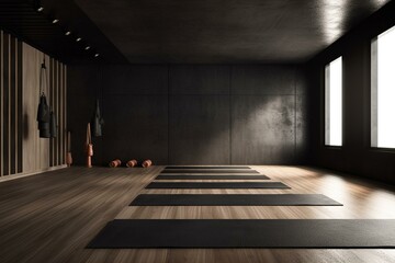 Contemporary yoga gym with natural lighting, concrete & wood finishes, empty black backdrop, exercise gear. Wellness focus. Generative AI