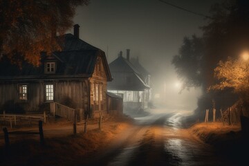 Misty streets in an eerie old village on a spooky autumn night, with unique houses. A Halloween-themed wallpaper. Generative AI