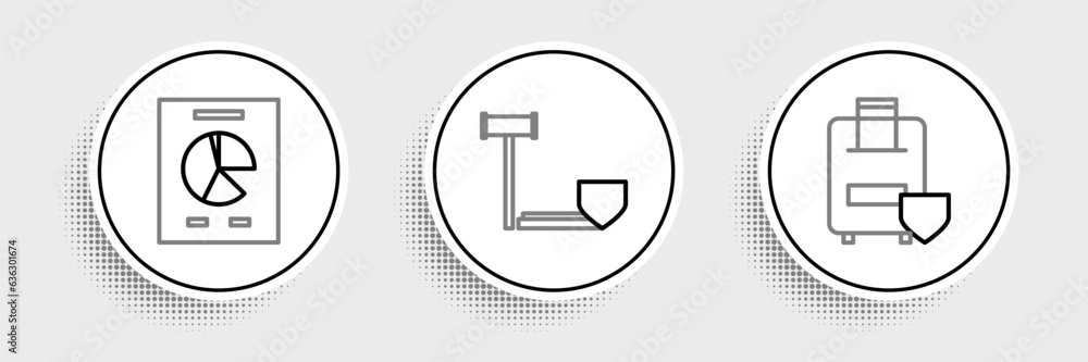 Poster set line traveling baggage insurance, document with graph chart and judge gavel shield icon. vector