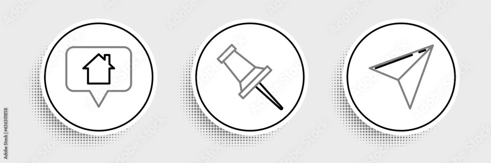Poster set line paper airplane, map pointer with house and push pin icon. vector